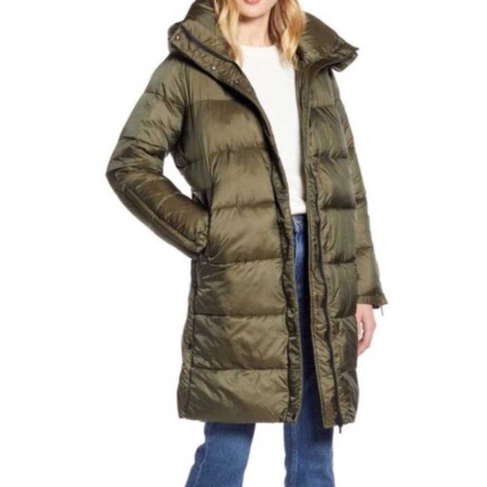 Halogen Long Puffer Coat Olive Green Size Small
